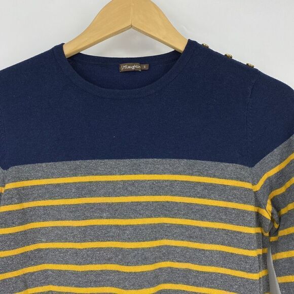 J McLaughlin Sweater Size Small Womens Navy Gray Yellow Knit Striped Color Block - Picture 2 of 7
